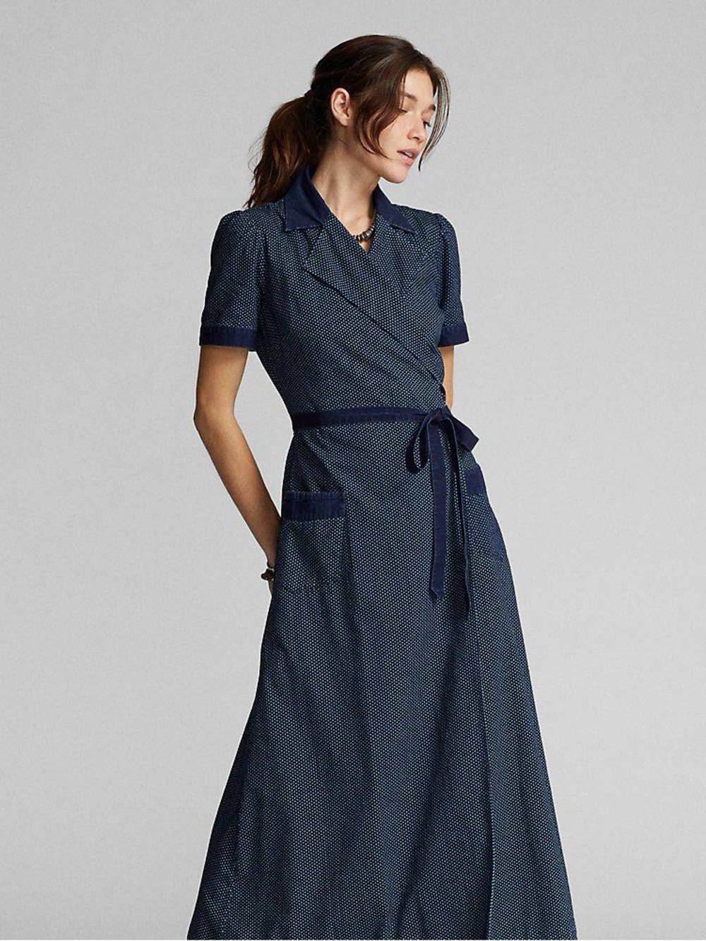Double RL Ralph Lauren Indigo Polka Dot Cotton Wrap Dress - Picture 10 of 10